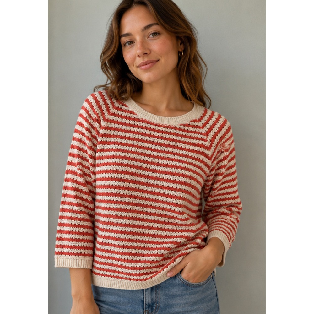 Loft Red Cream Striped Cotton Open Knit Crochet Sweater 3/4 Sleeveโ Large